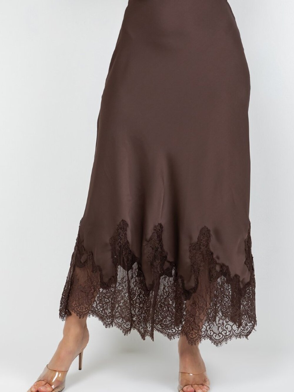 Elegant Brown Satin Maxi Skirt with Lace Trim